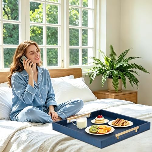 Navy Blue Faux Leather Large Square Decorative Serving Tray with Handles – for Coffee Table, Ottoman, Living Room, Bathroom & Home Decor
