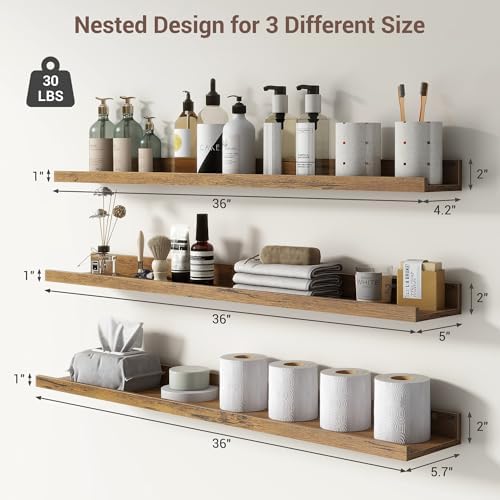 Axeman Picture Ledge Shelf, 36 Inch Brown Floating Shelves Set of 3