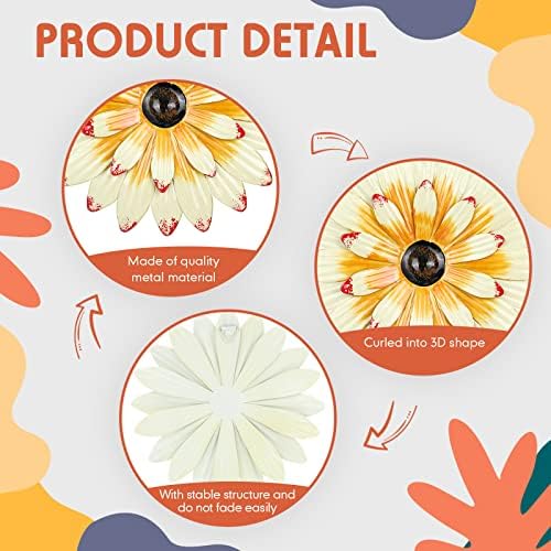 Zhehao 6 Pcs Metal Flower Wall Art Decor 8 Inch Sunflower Wall Decorations Hanging Outdoor Art Multicolored Handmade Metal Flowers Outdoor Decor(Elegant Color)