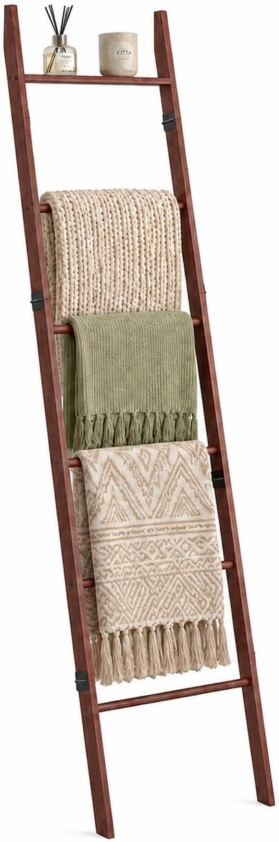 6 Tier Brown Blanket Ladder with Shelf, Wooden Blanket Rack for Living Room, Leaning Towel Ladder Rack for Bedroom, Bathroom, Quilts, Throws, Towels and Farmhouse Décor