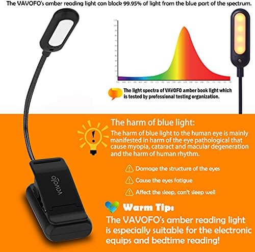 VAVOFO Amber Rechargeable Book Lights, Blue Light Blocking Reading Lights, 7 LEDs Eye Care 9 Colors 9 Brightness Clip On for Bookworms with Power Indicator Lasting 70h (2-Pack, Black)