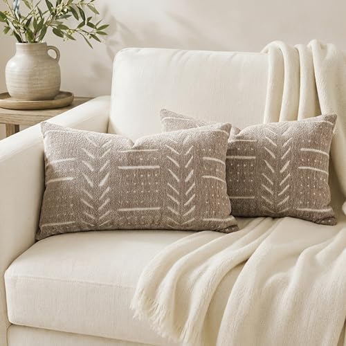 BlissBlush Decorative Lumbar Pillow Covers 12x20 Set of 2, Taupe Soft Woven Chenille Accent Pillow Covers for Couch Sofa Bed, Textured Farmhouse Cushion Covers