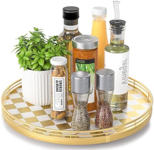 AMH 13-Inch Gold and White Checkerboard Lazy Susan with Rubberwood Base