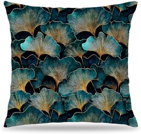 Dark Teal and Gold Ginkgo Leaf Throw Pillow Cover 18x18