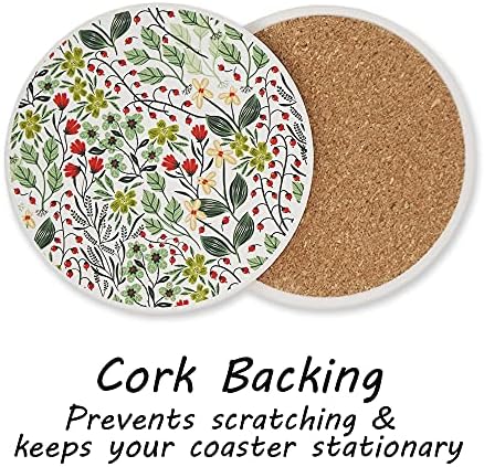 AD Set of 6 Coasters for Drinks Absorbing Round Ceramic Stone Coaster with Cork Base,Tabletop Protection Mat for Mugs and Cups,Office,Kitchen (Bontanicals with Holder)