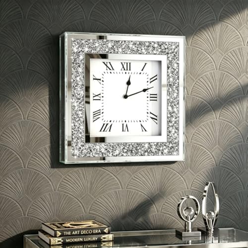 Crystal Crush Diamond Mirrored Square Wall Clock with Sparkle Twinkle Bling Diamond Decor for Wall Decoration, 16x16 inch Decorative Silver Mirror Quartz Clock for Home Decor. AA Battery not included