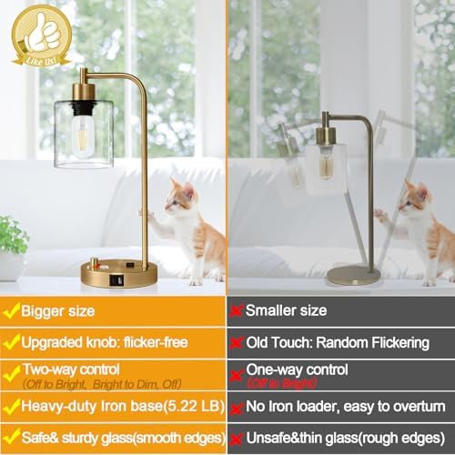 Lynnoland Set of 2 Industrial Table Lamps with USB C+A Ports and Outlet, Brass Fully Stepless Dimmable Bedside Lamps, Nightstand Lamps with Clear Glass Shade for Living Room Office (2 LED Bulb)