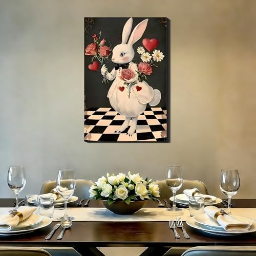 RIBNTAK Large Rabbit with Rose Easter Wall Art 24x36 In, Sweet Spring Bunny Painting Canvas Prints for Mantle Decor, Bunny Pictures for Living Room, Kitchen, Holiday Home Decoration