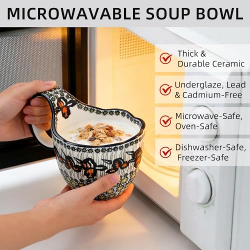ALMA Ceramic Soup Bowls With Handles, 16oz Microwavable Soup Mug For Women