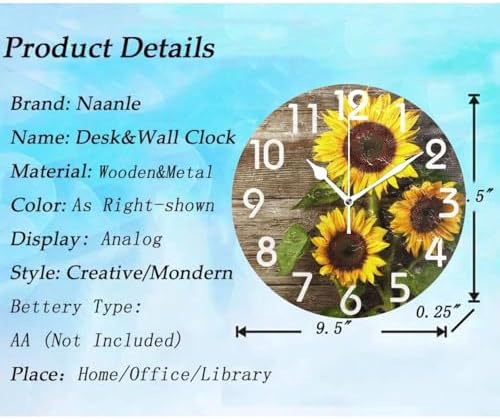 Naanle Stylish 3D Beautiful Sunflowers Vintage Wood Autumn Round Wall Clock, 9.5 Inch Battery Operated Quartz Analog Quiet Desk Clock for Home,Office,School