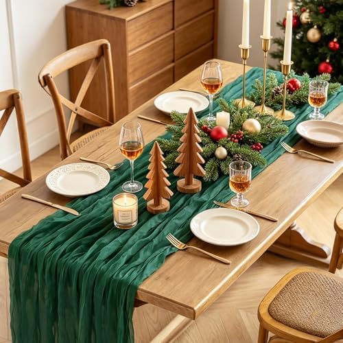 6Pcs Christmas Table Runner, 10FT Cheesecloth Emerald Green Table Runners 35*120inch Rustic Vintage Table Runner for Christmas Indoor Home Kitchen Table Party Decorations