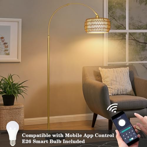 Gold Floor Lamps for Living Room, Arc Floor Lamp with Remote & Dimmable Bulb, Boho Rattan Standing lamp with 3 Color Temperatures, Height Adjustable Tall Lamp for Bedroom, Over Couch Reading Lamp