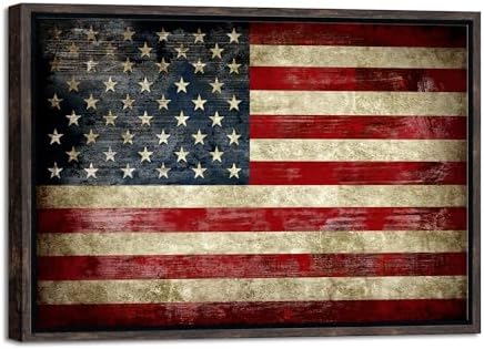 Pyradecor Walnut Framed Wall Art Old Vintage American Flag Canvas Prints Abstract Landscape Pictures Paintings for Living Room Office Home Decorations