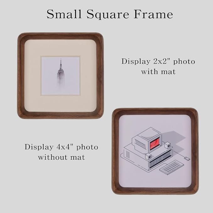 4x4 Picture Frame with 2x2 Mat - Rustic Walnut Wood Square Frame, Wall & Tabletop Display for Baby & Pet Photos (4x4,Walnut)