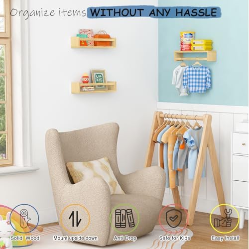 Harwaya Floating Nursery Book Shelves for Wall, Natural Wood Wall Bookshelf for Kids Room Bedroom, Small Wooden Hanging Baby Book Shelf and Toy Organizer for Nursery Girl Boy Toddler Child - Set of 3