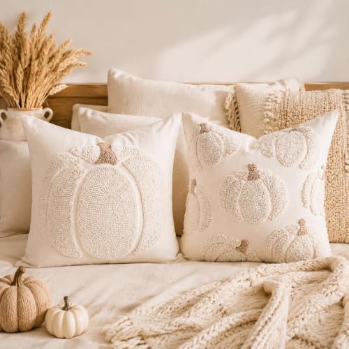 GEEORY Fall Tufted Pumpkin Pillow Covers Set of 2 18x18, Farmhouse Beige
