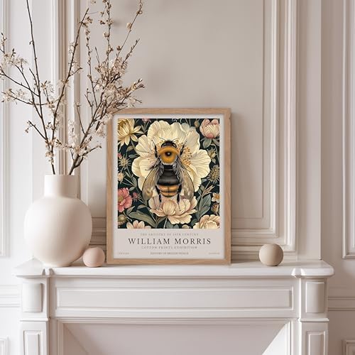 Poster Master William Morris Poster - Bumble Bee Print - Flower Art - Botanical Art - Exhibition Illustration - Animal Illustration - Floral Painting - Bee Artwork - Aesthetic Office or Bedroom Decor - 8x10 Beige Framed