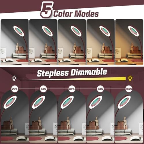 10X Magnifying Glass with Light and Stand, 5 Color Modes Stepless Dimmable LED Lighted Desk Lamp, Hands Free Flexible Gooseneck Magnifier with Light for Craft Hobby Painting Close Work - Red