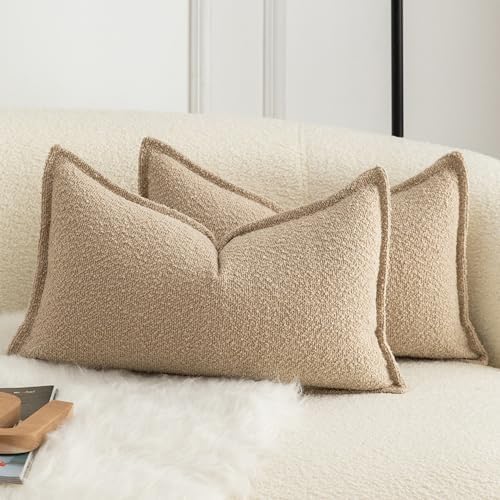MANDIOO Pack of 2 Decorative Throw Pillow Covers Accent Solid Woven Textured Cushion Covers Pillow Cases Bedroom Living Room Sofa Home 12 x 20 Inch Camel