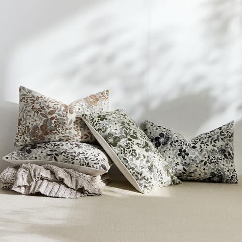 Vintage Floral Lumbar Pillow Covers 12x20 Pack of 2 Country Farmhouse Accents Chenille Jacquad Rectangular Decorative Throw Pillow Cases for Living Room Couch Bed Home Decor, Deep Brown