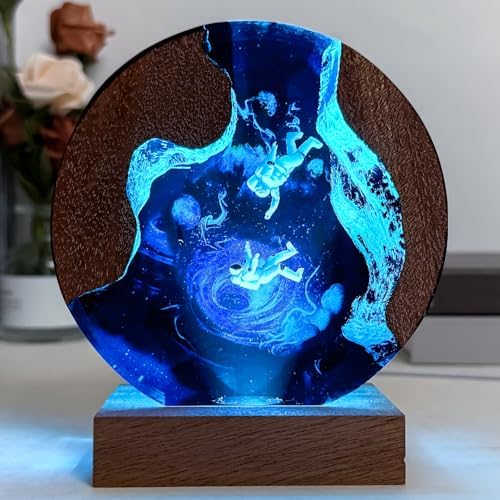 Handmade Galaxy Resin Lamp, 3D Cosmic Universe Lamp with Wooden Base