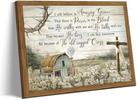 Cross Christian Wall Art Barn Windmill Country Pictures Framed 12x16 Inch | Bible Verses Paintings, Vintage Hymn Canvas Prints, Religious Artwork for Prayer Room Office Church Decor