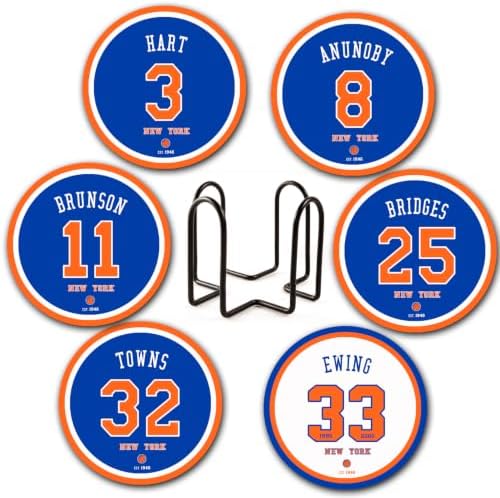 Knick Coasters for Drinks, New York NY Bascketball Ceramic Coasters Set of 6, Knick Gift for Man, with Holder