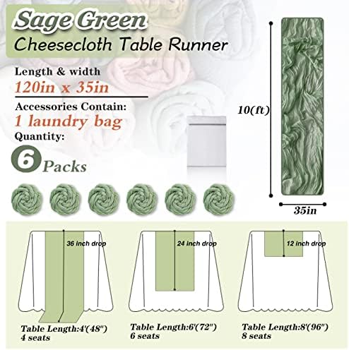 Sage Green Cheesecloth Table Runner, 6 Pack 35" Boho Gauze Runner 120 inches Long Sheer Rustic Table Runner Fabric Bulk for Baby Shower Wedding Bridal Birthday Party Table Decorations