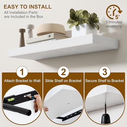 Fun Memories Floating Shelves for Wall, 24Inch Floating Shelves Set of 2, Hanging Shelf with Invisible Brackets, Wood Shelves for Living Room, Bedroom, Kitchen, White