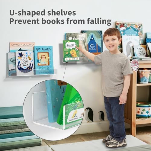 NIUBEE 16.5” Acrylic Floating Bookshelves for Kids Wall Shelves 2 Packs
