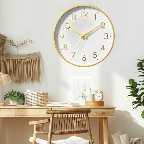 Mosewa 10 Inch Wall Clock Battery Operated Silent Non Ticking Analog | White Gold modern clock; oversized 3D easy-read dial for kitchen, bedroom & office; 1 AA battery (not included)