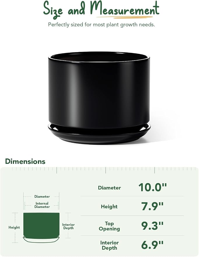 LE TAUCI Ceramic Pots for Plants, 10 Inch Plant Pot with Drainage Hole & Saucer, Sturdy & Modern Planters for Indoor Plants, Includes Mesh Screen, Fits Snake Plant & Monstera, Black