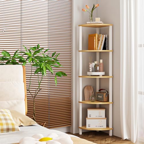 VIMBER Corner Shelf, 5-Tier Corner Bookshelf, Industrial Corner Ladder Shelf, Rustic Display Shelf for Living Room, Bedroom, Kitchen, Home Office, White and Nature Wood Color UJSJ001Q