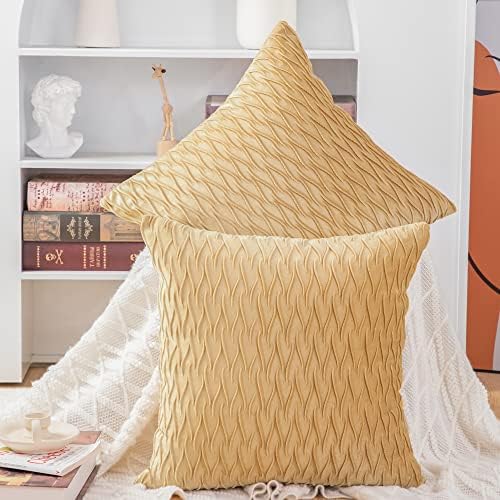 MADIZZ Set of 2 Super Soft Velvet Decorative Throw Pillow Covers 18x18 inch Khaki Square with Texture Luxury Style Cushion Case Pillow Shell for Sofa Bedroom