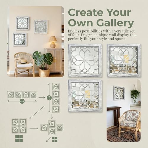 Set of 2 14 Inch Square Grey Window Pane Wall Mirrors, Shatterproof Rustic Farmhouse Boho Vintage Accent Mirrors for Living Room Bedroom Bathroom Entryway