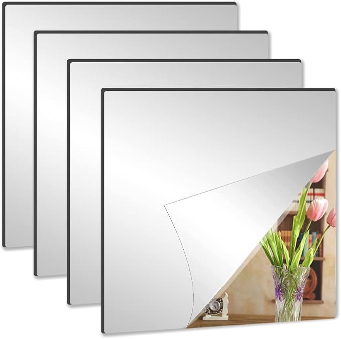 Acrylic Mirror Tiles, 8x8 in Shatterproof Wall Mirrors, 4 Pack | Flexible acrylic, adhesive foam tapes included, for bedroom doors, closets, gym, dorm, and DIY wall decor.