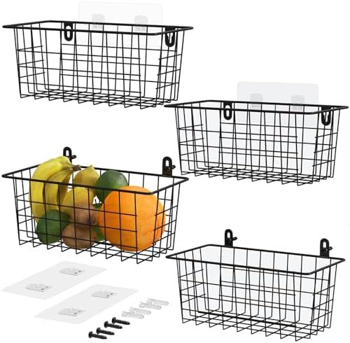 MaraFansie Hanging Wire Baskets Kitchen Storage Basket Adhesive and Screws Basket Over the Cabinet Door Organizer with Adhesive Strips and Screws Accessories, 2 Installations, 4 Pack, Black