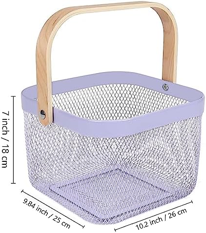 AJIODA Metal Mesh Steel Basket, Storage Organizer Basket Multi-functional Hanging Kitchen Baskets Fruit Basket Bin with Bamboo Handle for Kitchen Bathroom Picnic Shopping Decor Cabinet Home, Purple