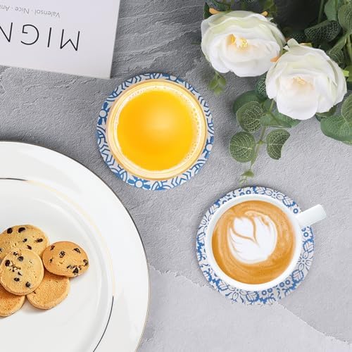 Coasters with Holder,Blue and White Style Ceramic Drink Coaster, Absorbent Coaster Sets of 6 for Tabletop Protection,Suitable for Kinds of Cups,Cool Home Decor, Wooden Table, 4.1 Inches