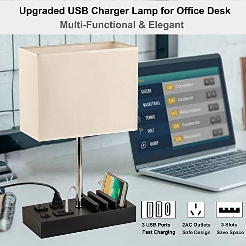 Briever USB Table Lamp, Multi-Functional Desk Lamp with 2 AC Outlets, Bedside Lamp with 3 USB Charging Ports and Wooden Phone Stands, Nightstand Lamp for Bedroom, Livingroom, Office, Linen Shade