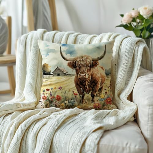 Highland Cow Decorative Throw Pillow Covers with Wildflowers 18x18 Inch Farmhouse Rustic Cushion Cover Western Cows Pillowcase 2Pack for Couch Sofa (Yellow)