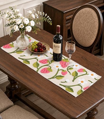 Canvas Embroidered Narrow 13"x 48" Table Runner, Pink Strawberry
