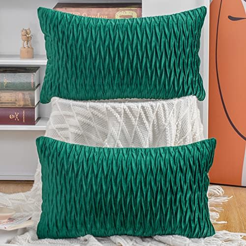 MADIZZ Set of 2 Super Soft Velvet Decorative Throw Pillow Covers 12x20 inch Green Rectangular with Texture Luxury Style Cushion Case Pillow Shell for Sofa Bedroom