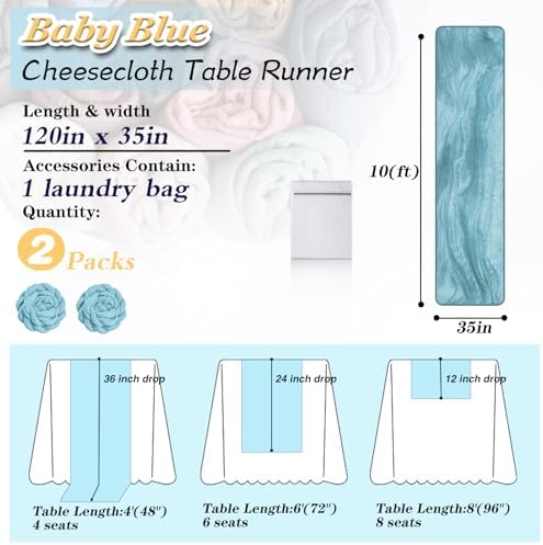Baby Blue Cheesecloth Table Runner 2 Pack 35" Boho Gauze Cheese Cloth 120 inches Long Rustic Sheer Fabric Bulk for Baby Shower Wedding Bridal Birthday Party Table Decorations