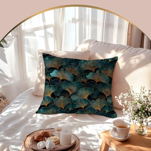 Dark Teal and Gold Ginkgo Leaf Throw Pillow Cover 18x18