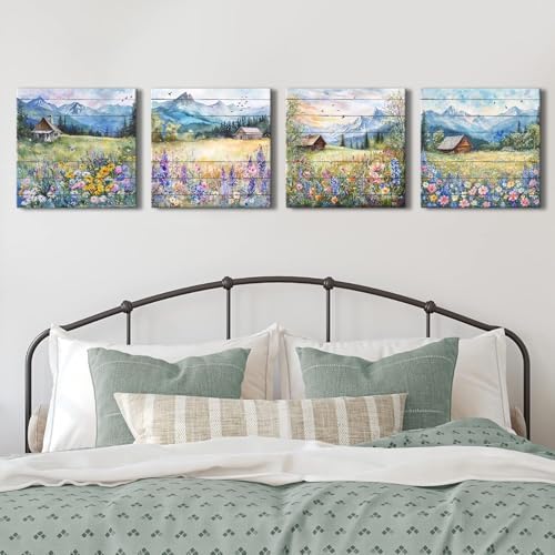Colorful Flower Canvas Wall Art Nature Pictures Canvas Prints Country Mountain Landscape Poppy Daisy Wildflower Posters Abstract Barn Scenic Painting for Bedroom Living Room Home Decorations 16x16” 4P