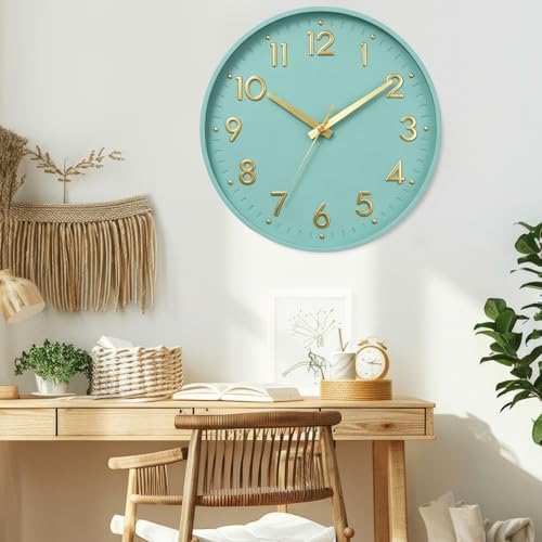 Mosewa Small 8 Inch Wall Clock Battery Operated Silent Non Ticking Analog | Mint Green modern clock; oversized 3D easy-read dial for kitchen, bedroom & office; 1 AA battery (not included)