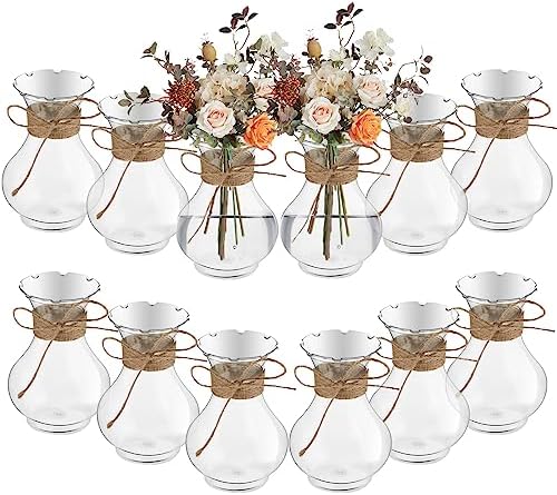 Bokon 5.7" Plastic Small Bud Vases Bulk for Centerpieces, 12 Pcs | Small Plastic Bud Vase for Flowers, Weddings, Receptions, Parties, Anniversary, Birthday, Festivals, Home Decor, with Rope