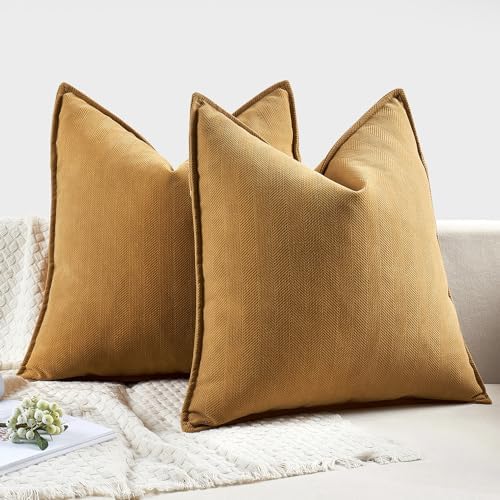 MIULEE Pack of 2 Mustard Yellow Euro Shams Chenille Pillow Covers 22x22