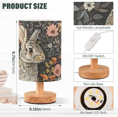 Bunny Rabbit Floral Field Table Lamp with Wood Base Fabric Lamp Shade Bedside Desk Lamp for Living Room Bedroom Kids Room Office